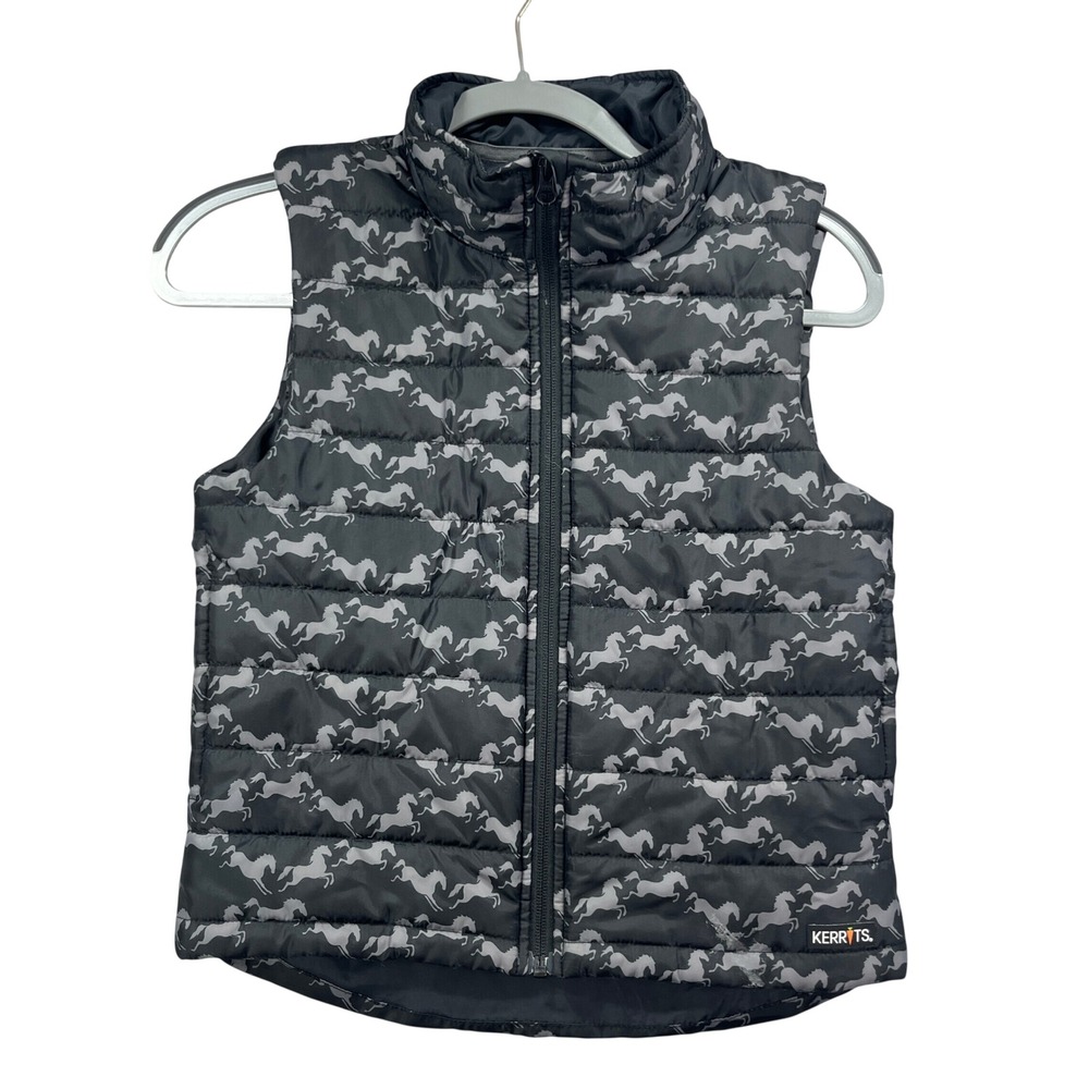 Kerrits Puffer Vest Kids M Black Horse Print Equestrian Riding Outerwear